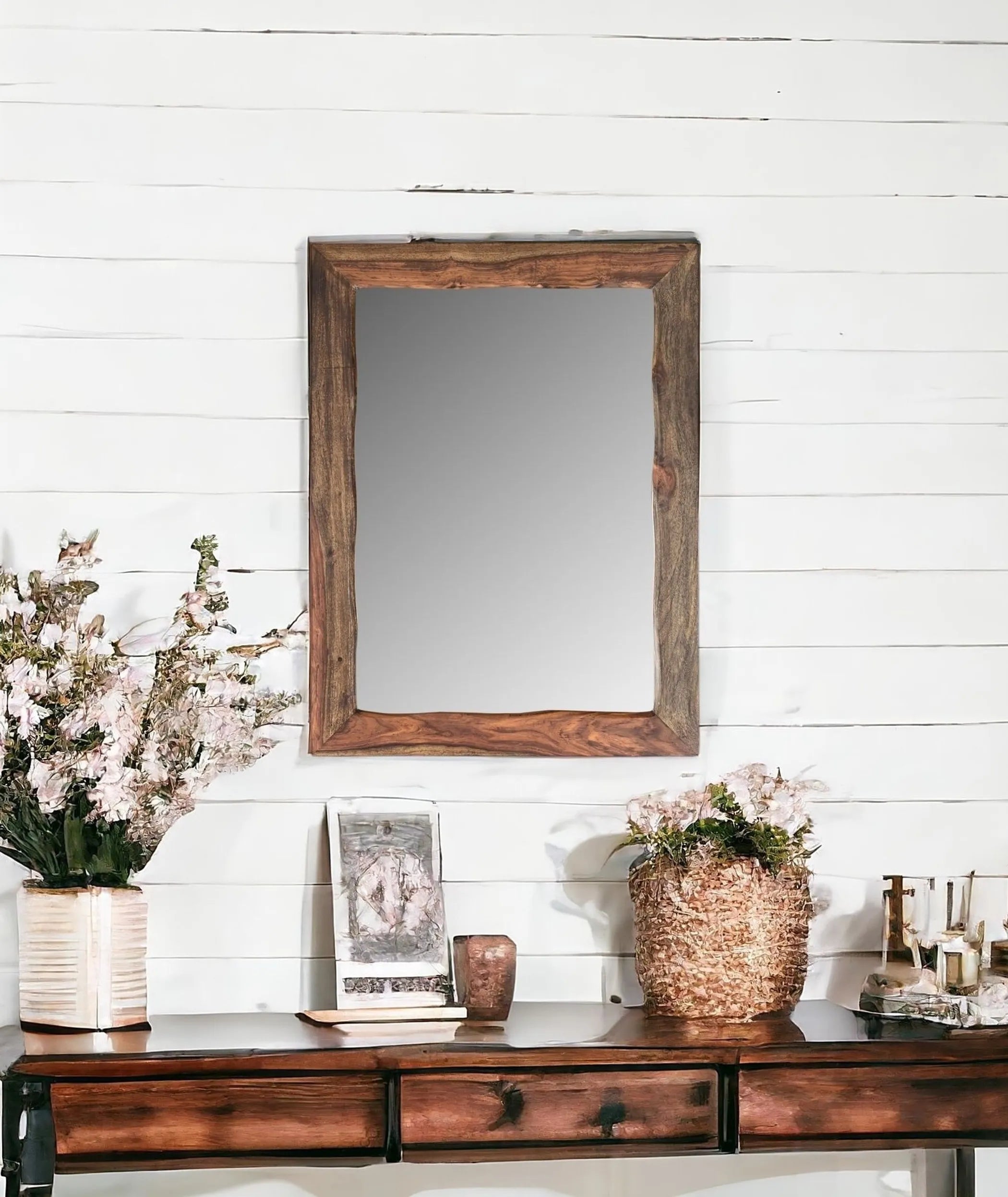 44″ Dark Brown Solid Wood Framed Accent Mirror