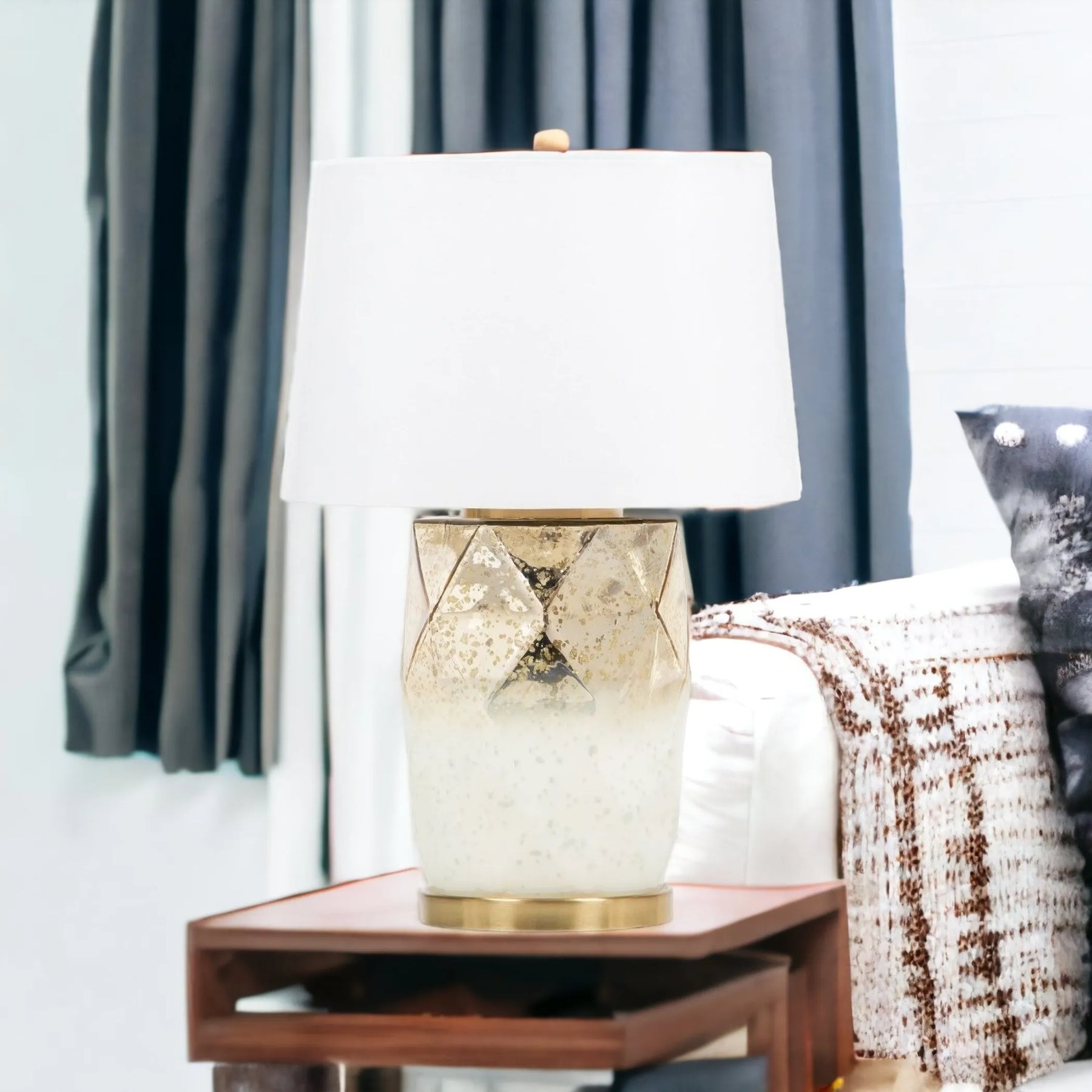 22″ White and Gold Mercury Glass Table Lamp With White Cone Shade — view 3