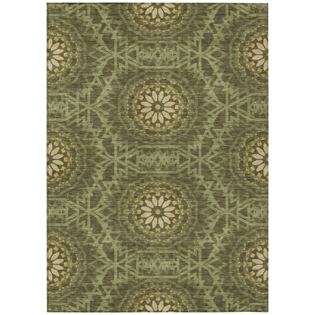 10′ X 14′ Olive Green Artichoke Green And Gold Floral Medallion Washable Indoor Outdoor Area Rug — view 2