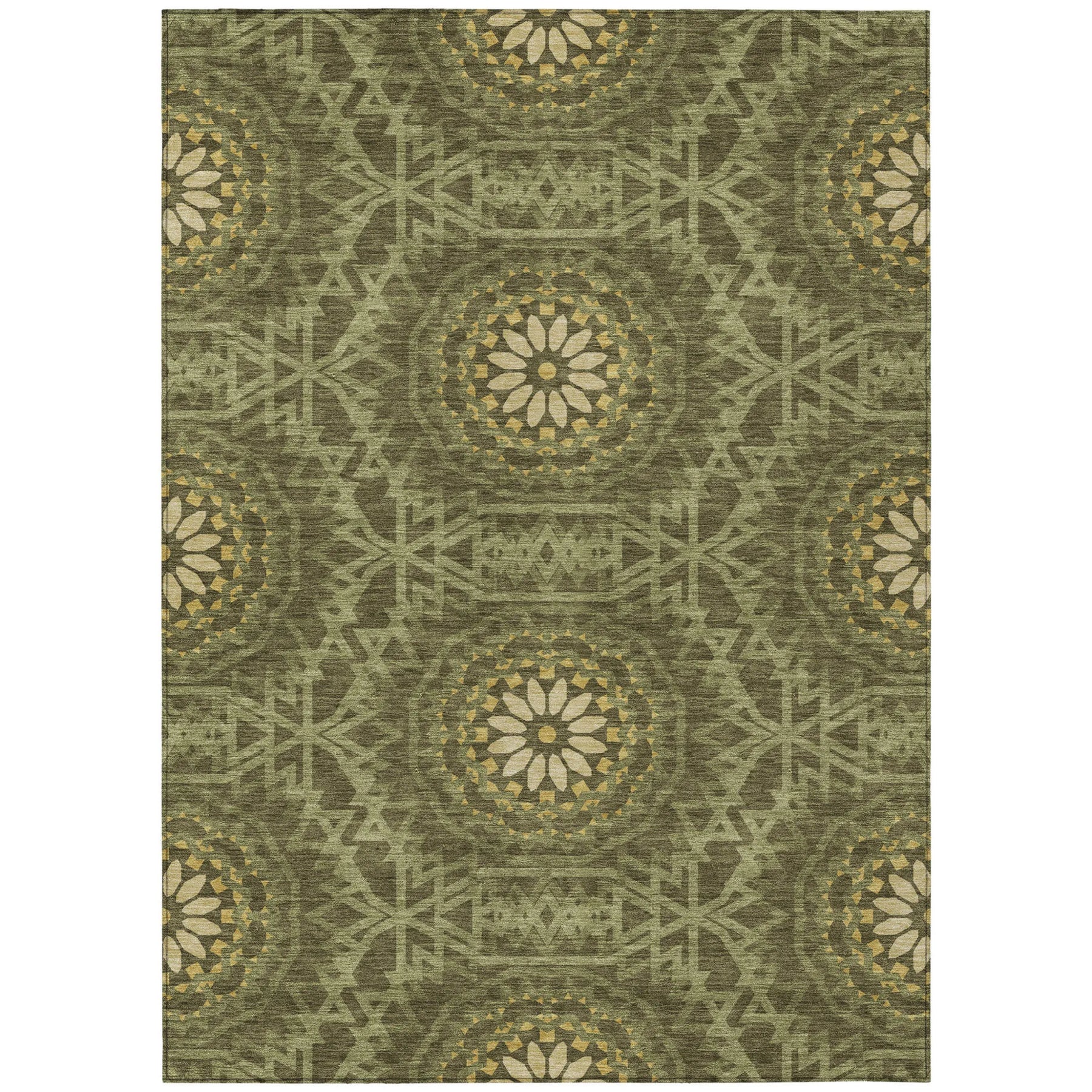 10′ X 14′ Olive Green Artichoke Green And Gold Floral Medallion Washable Indoor Outdoor Area Rug — view 2