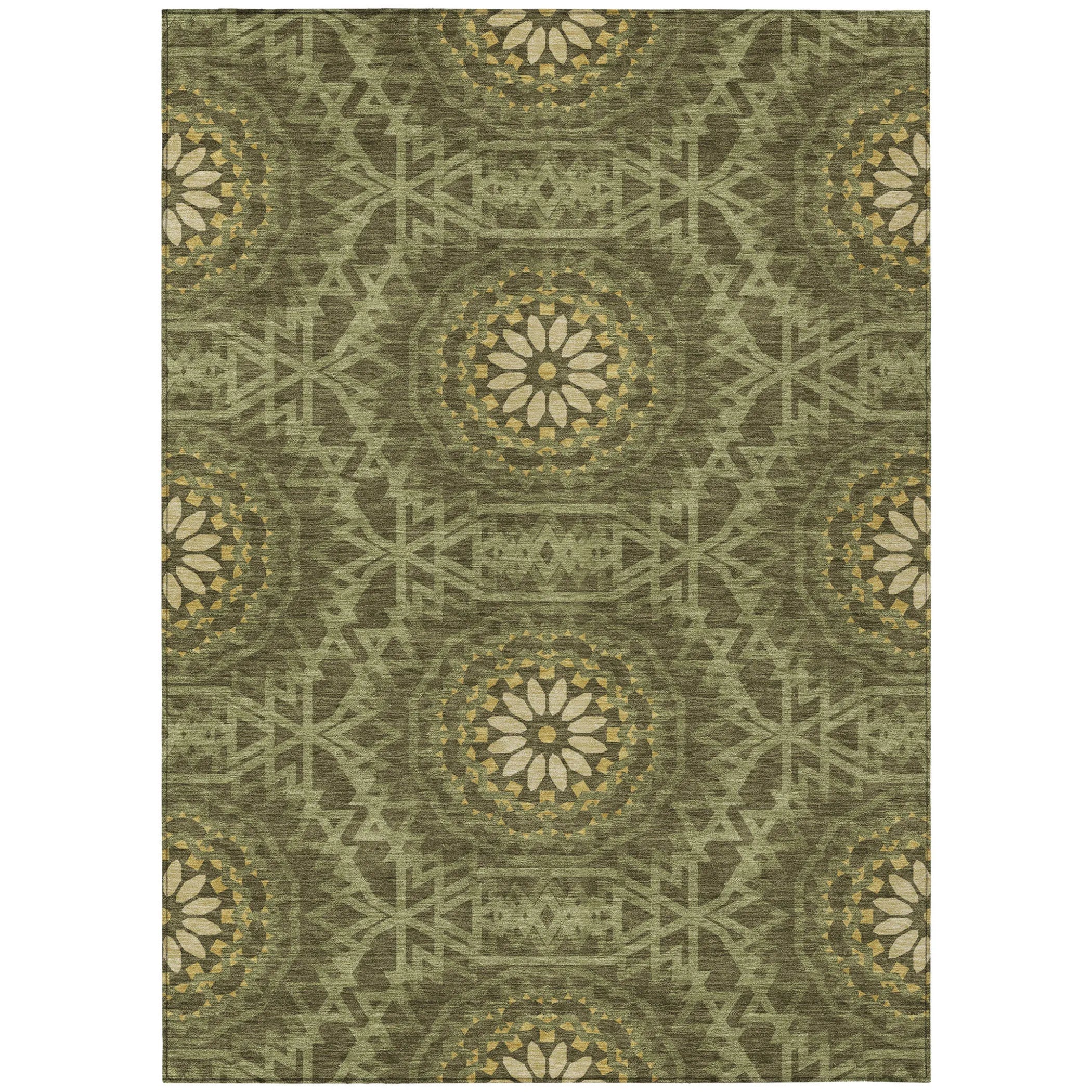 10′ X 14′ Olive Green Artichoke Green And Gold Floral Medallion Washable Indoor Outdoor Area Rug — view 2