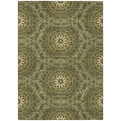 10′ X 14′ Olive Green Artichoke Green And Gold Floral Medallion Washable Indoor Outdoor Area Rug — view 2