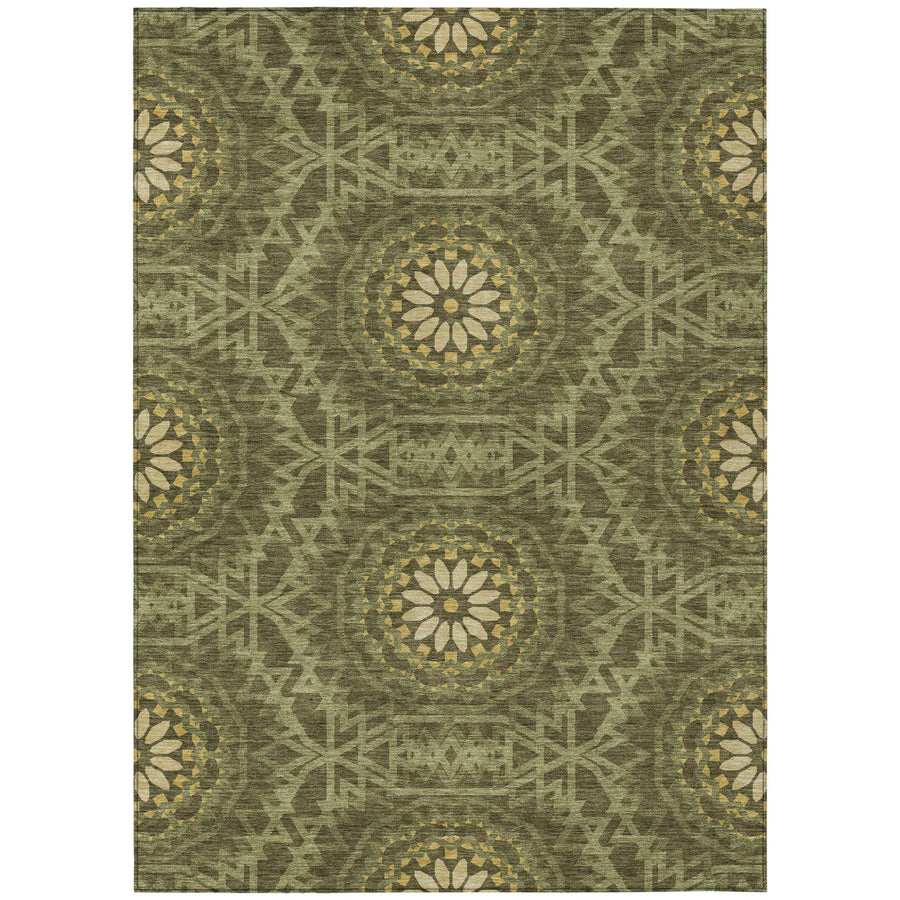 10′ X 14′ Olive Green Artichoke Green And Gold Floral Medallion Washable Indoor Outdoor Area Rug — view 2