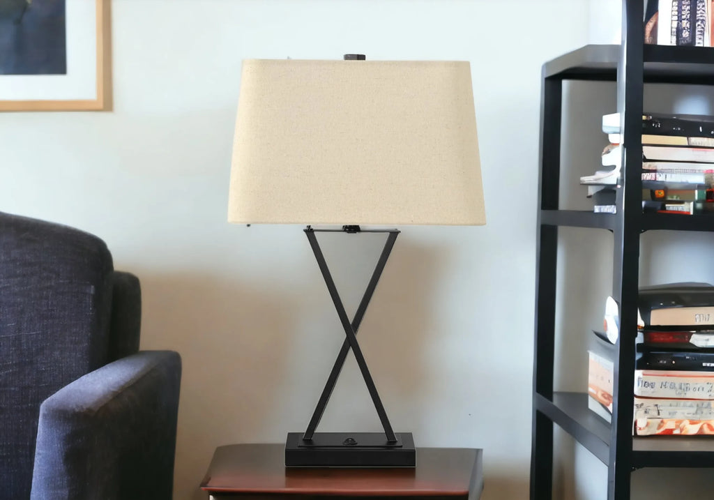 25″ Black Metal Geometric USB Table Lamp With Beige Shade — view 2