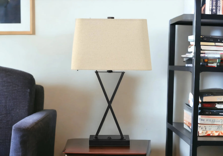 25″ Black Metal Geometric USB Table Lamp With Beige Shade — view 2