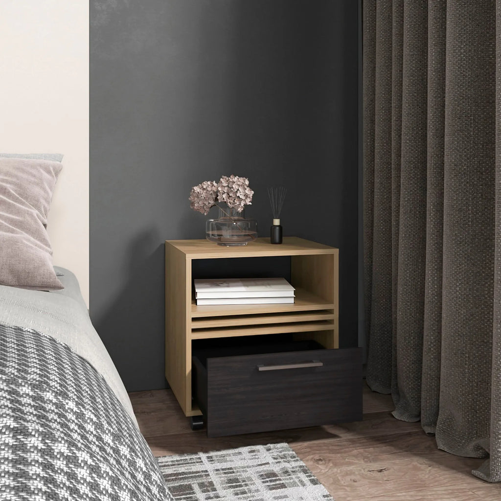 Vance 20″ High One Drawer Nightstand, Casters, Mobile, One Shelf, Bedroom Natural Oak — view 3