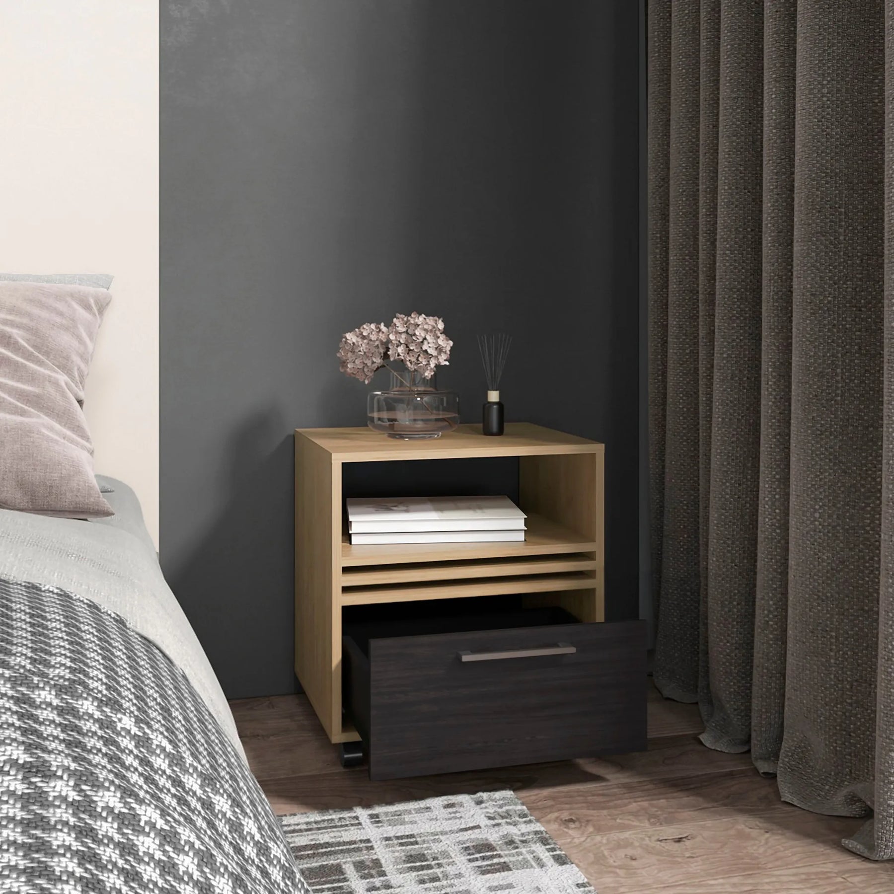Vance 20″ High One Drawer Nightstand, Casters, Mobile, One Shelf, Bedroom Natural Oak — view 3