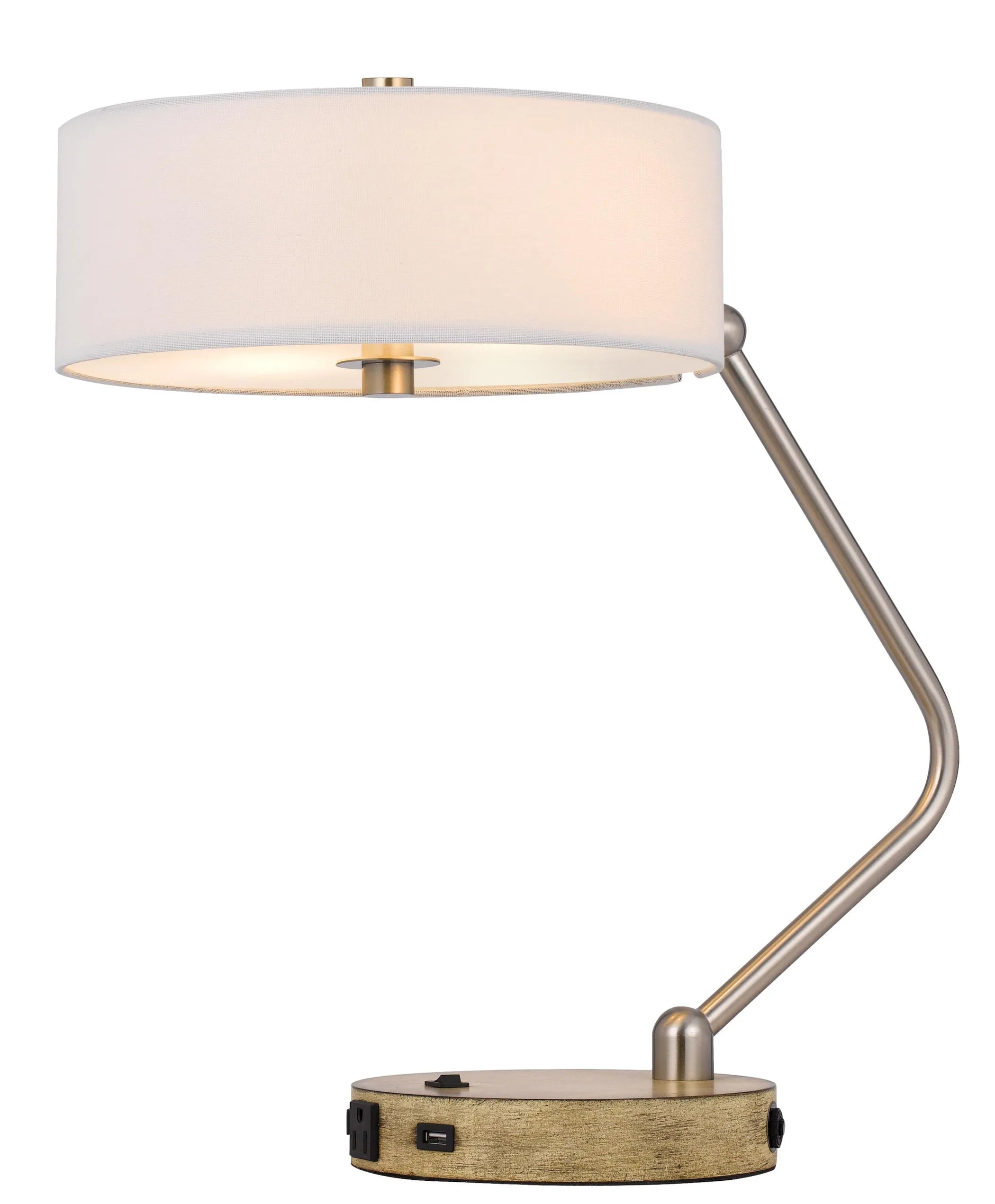 20″ Brown Metal Two Light Lantern Desk USB Table Lamp With White Drum Shade — view 3