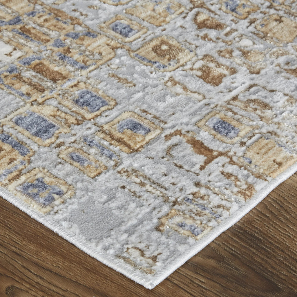 5′ X 8′ Tan Ivory And Blue Geometric Power Loom Distressed Area Rug — view 4