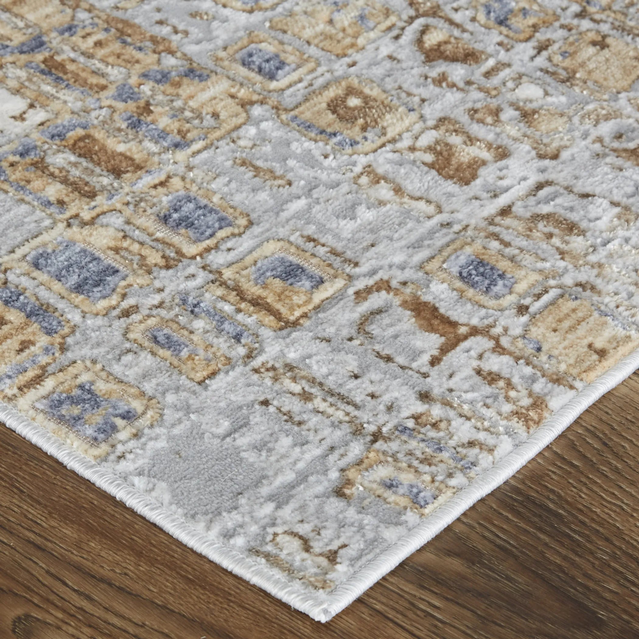 5′ X 8′ Tan Ivory And Blue Geometric Power Loom Distressed Area Rug — view 4