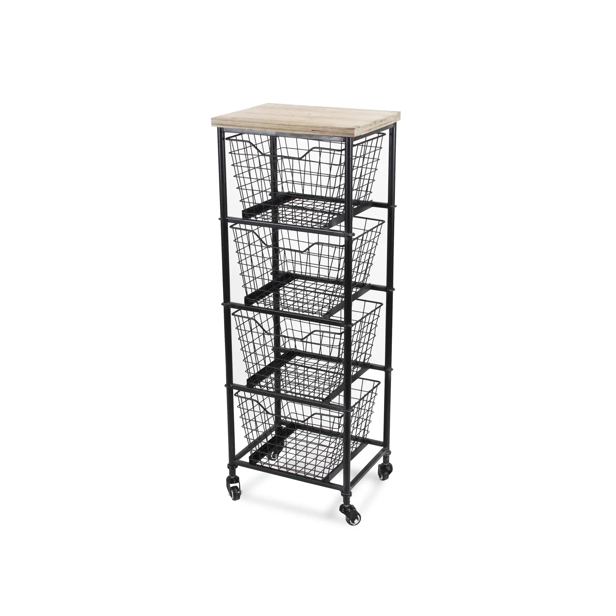 41″ Black And Natural Metal And Wood Basket Storage Rolling Cabinet — view 2