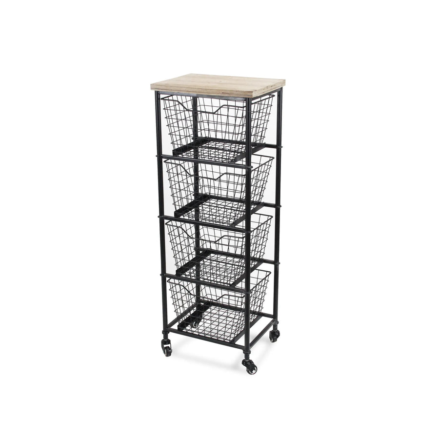 41″ Black And Natural Metal And Wood Basket Storage Rolling Cabinet — view 2