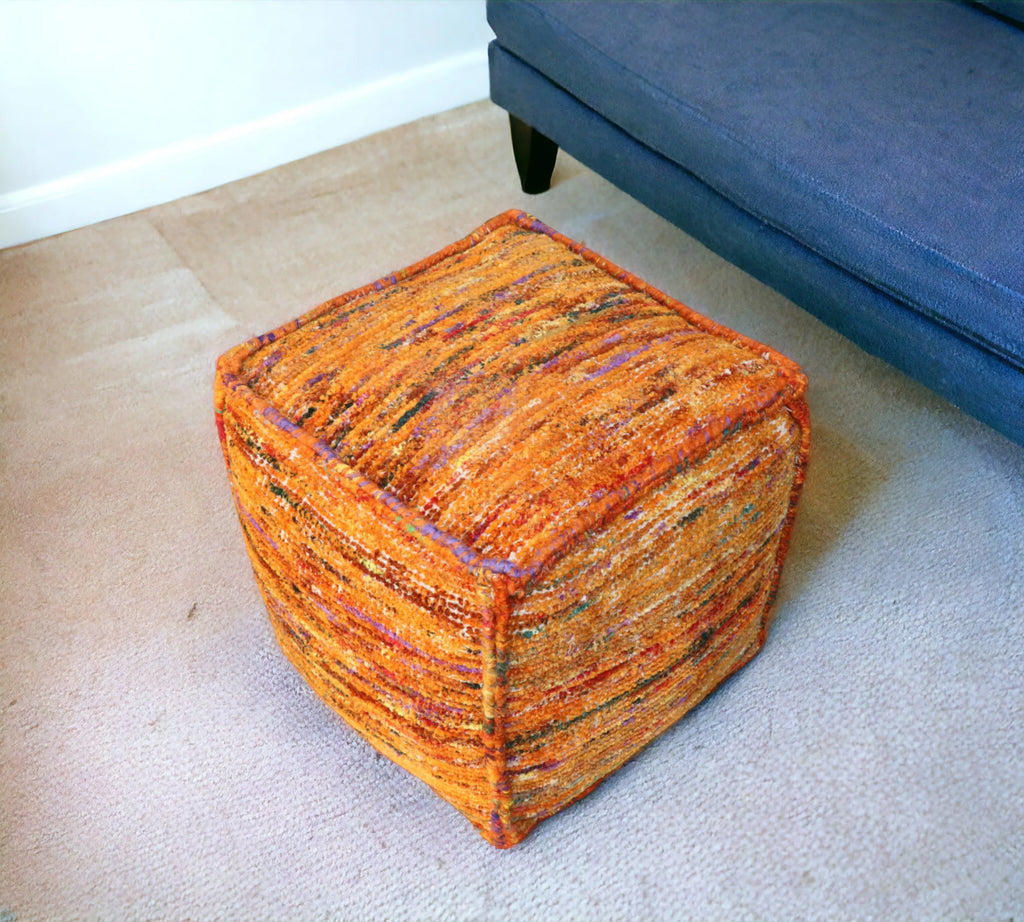 18″ Orange Recycled Silk and Cotton Blend Cube Pouf Ottoman