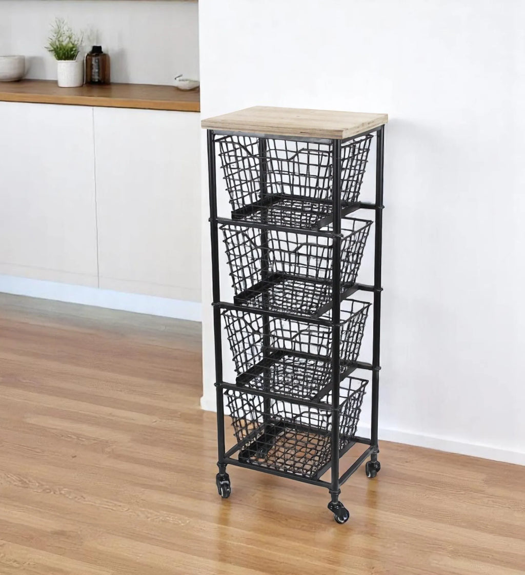 41″ Black And Natural Metal And Wood Basket Storage Rolling Cabinet