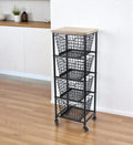 41″ Black And Natural Metal And Wood Basket Storage Rolling Cabinet