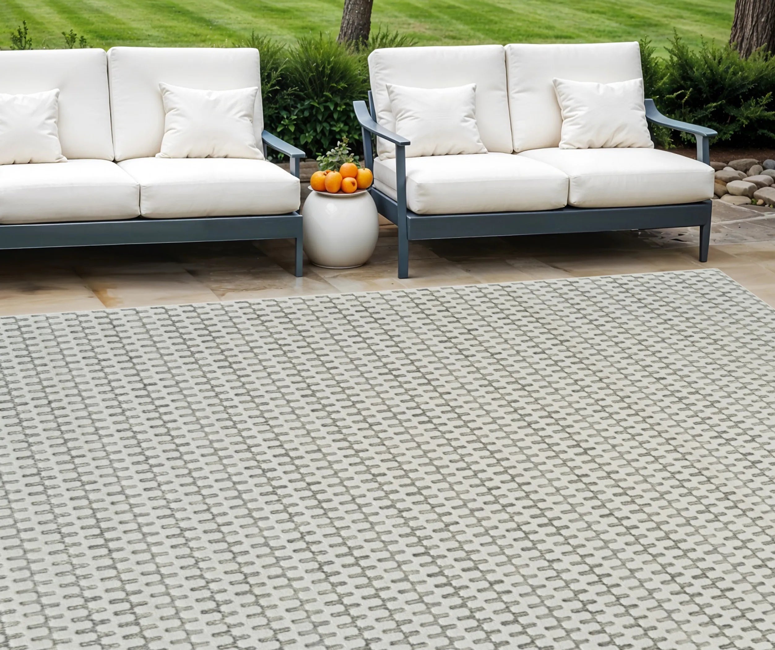 6′ X 9′ Cream and Beige Geometric Distressed Indoor Outdoor Area Rug