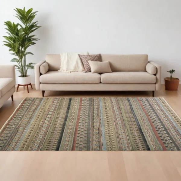 8' X 12' Tan Blue and Orange Striped Hand Knotted Area Rug