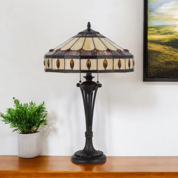 26" Black Metal Two Light Candlestick Table Lamp With Ivory and Red Dome Shade