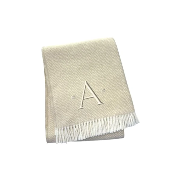 Herringbone Cotton Blend A Initial Throw Blanket with Tassels And Embroidery