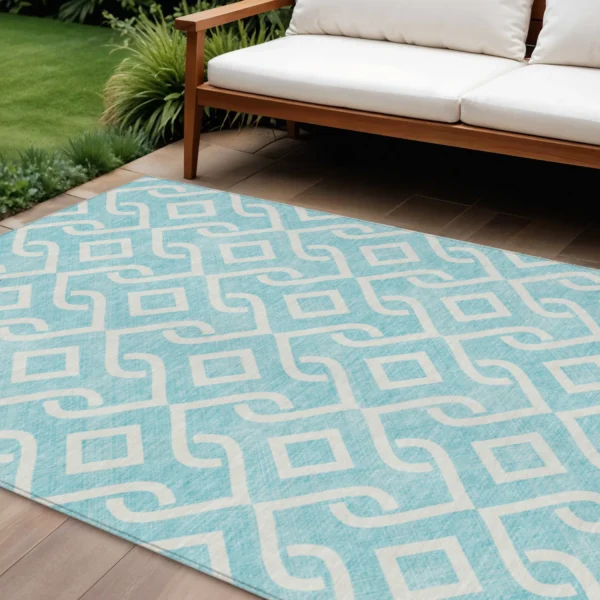 9' X 12' Aqua And Ivory Geometric Washable Indoor Outdoor Area Rug
