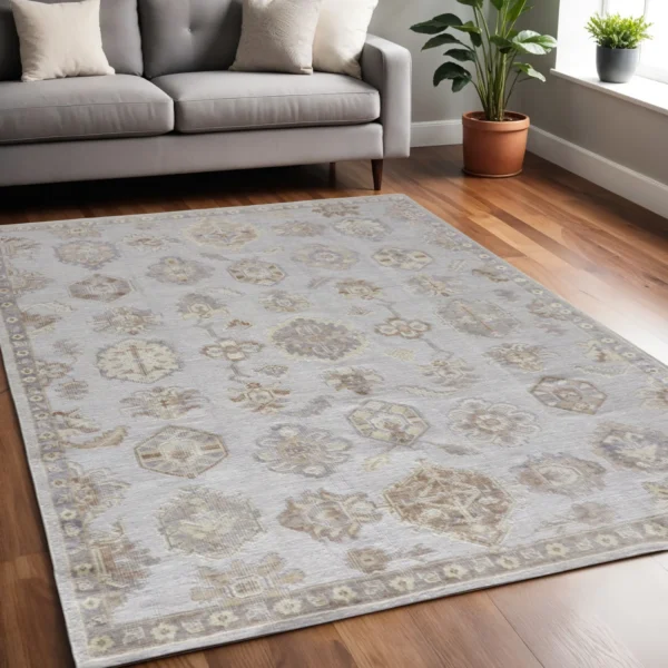 5' X 8' Gray and Ivory Floral Hand Knotted Area Rug