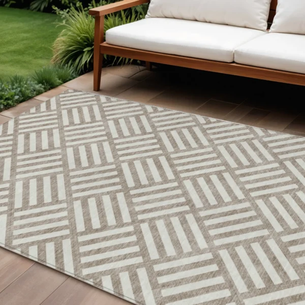9' X 12' Taupe And Ivory Geometric Washable Indoor Outdoor Area Rug